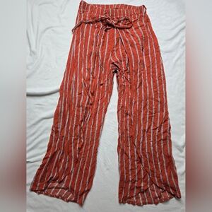 By By Faux Wrap Tie Striped Wide-Leg Pants With Shorts in Orange and White Small